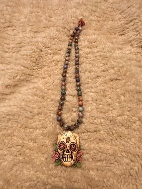 Multicolor Handcrafted Beaded Necklace with Cream Floral Skull Pendant